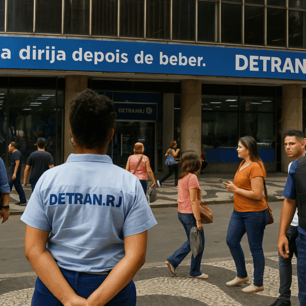 Fachada da sede do DETRAN RJ com pessoas circulando na calçada em um dia de atendimento, representando movimentação pública e contexto institucional.