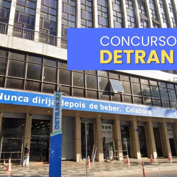 Fachada da sede do DETRAN RJ com faixa “Nunca dirija depois de beber” e destaque gráfico com os dizeres “Concurso DETRAN RJ”.