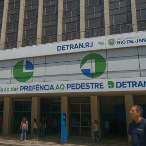Fachada do DETRAN RJ com movimento de pessoas em dia útil ensolarado