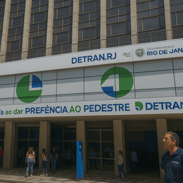 Fachada do DETRAN RJ com movimento de pessoas em dia útil ensolarado
